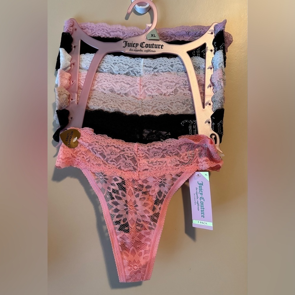 Juicy Couture Size XL Panties 7-Pack Lace Thongs Logo Rhinestones Multicolored